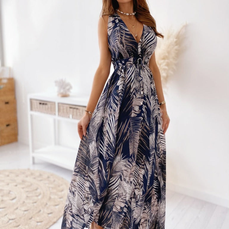 Tropical print maxi dress for women with adjustable fabric belt Lune London