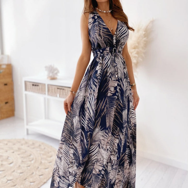 Tropical print maxi dress for women with adjustable fabric belt Lune London