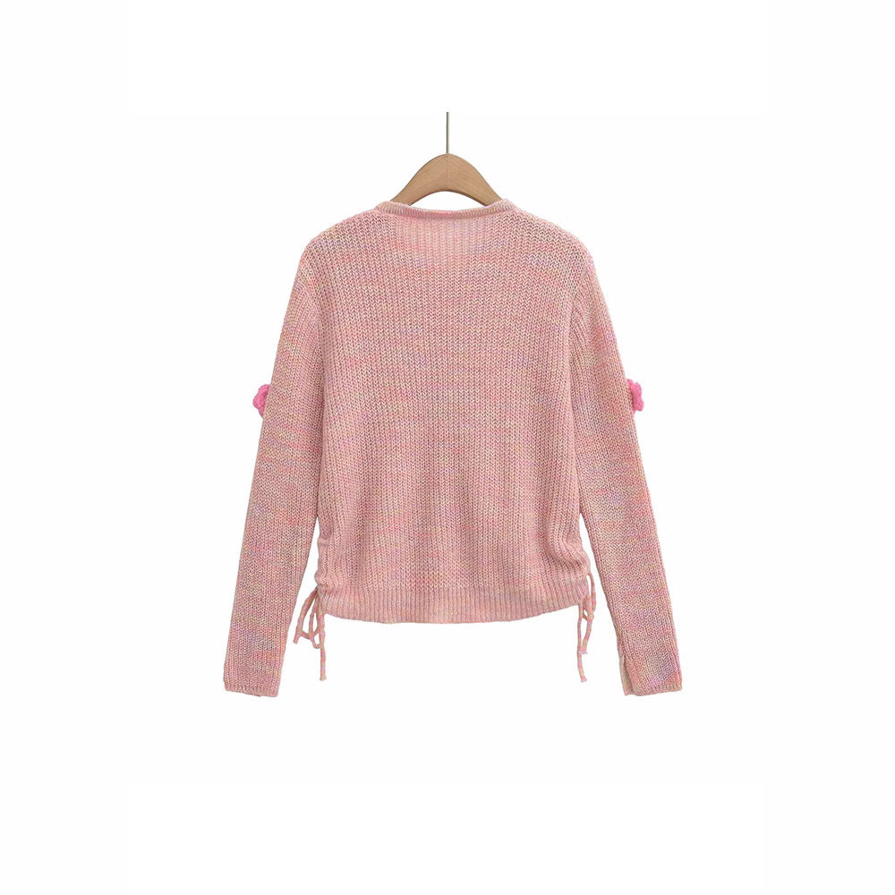 Ladies cardigan with floral appliqués and adjustable hem Lune London
