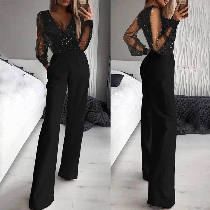Women Elegant Jumpsuit with Transparent Sleeves and Sparkling Details Lune London