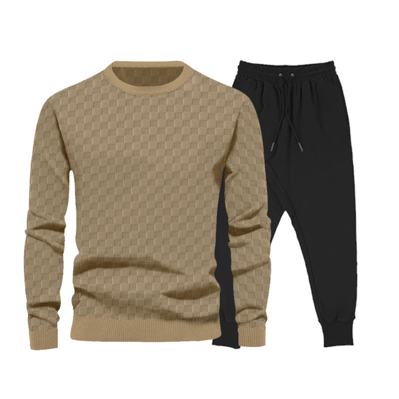 Complete sporty outfit for men with textured sweatshirt and chic jogging pants.