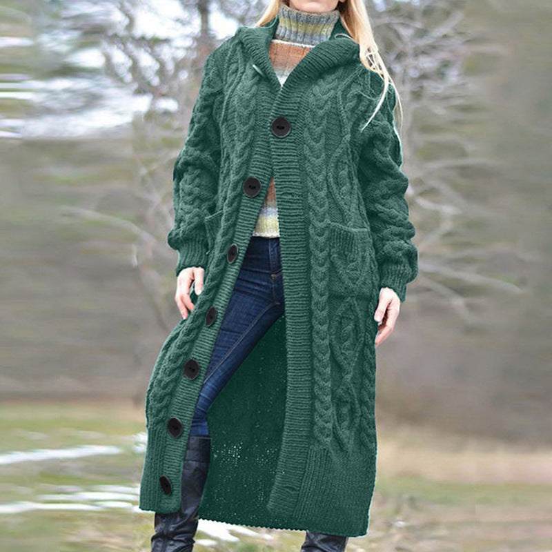 Ladies Long Cardigan with Cable Knit Pattern and Spacious Pockets Lune London