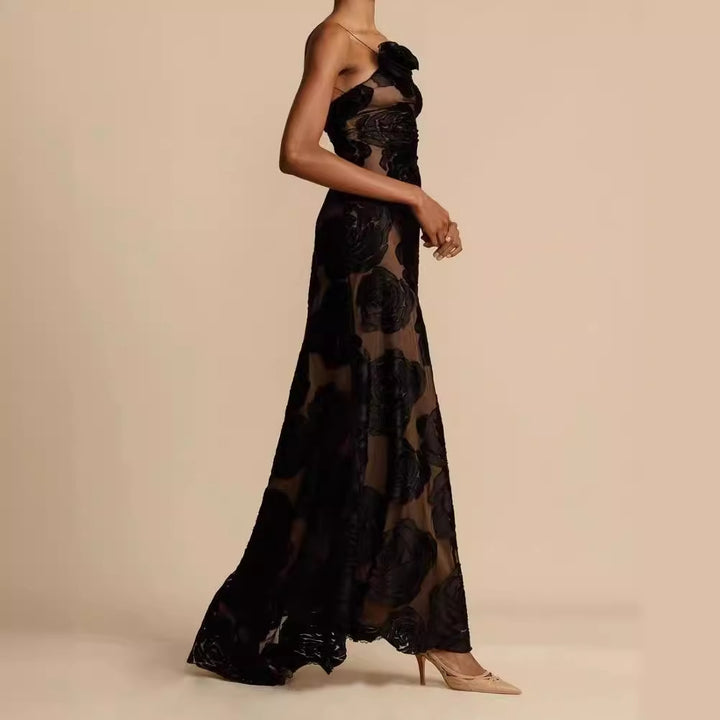 Women's Elegant Maxi Dress with Floral Sheer Design and Slim Straps