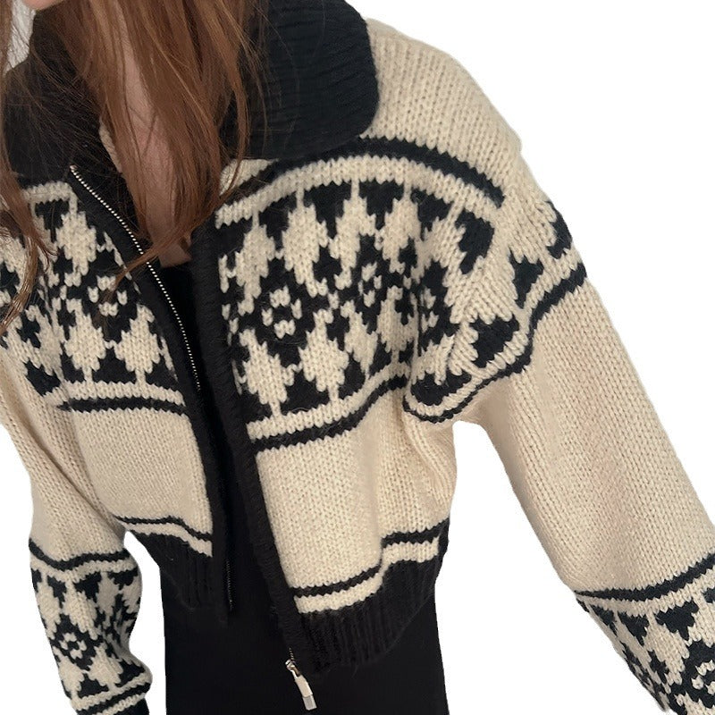 Knit jacket for women with floral pattern and comfortable high collar Lune London