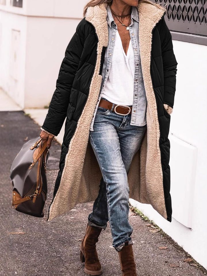 Ladies long down jacket with cozy teddy lining and large collar Lune London