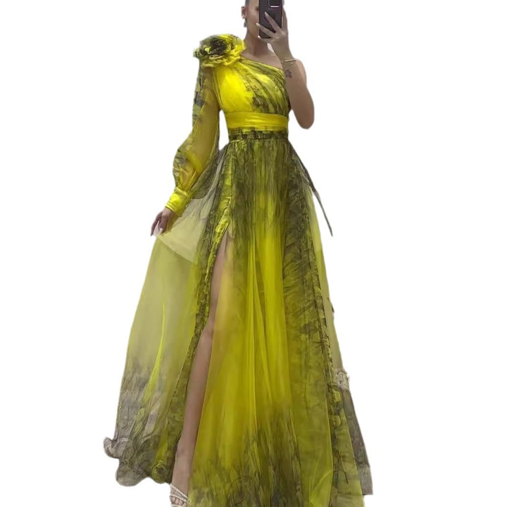 Women's Exquisite Maxi Dress with Asymmetric Strap and Voluminous Ruffle Details Lune London
