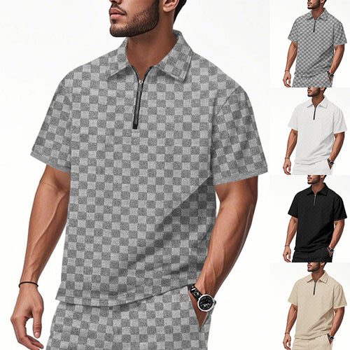 Modern short-sleeved polo for men with zipper and check pattern Lune London