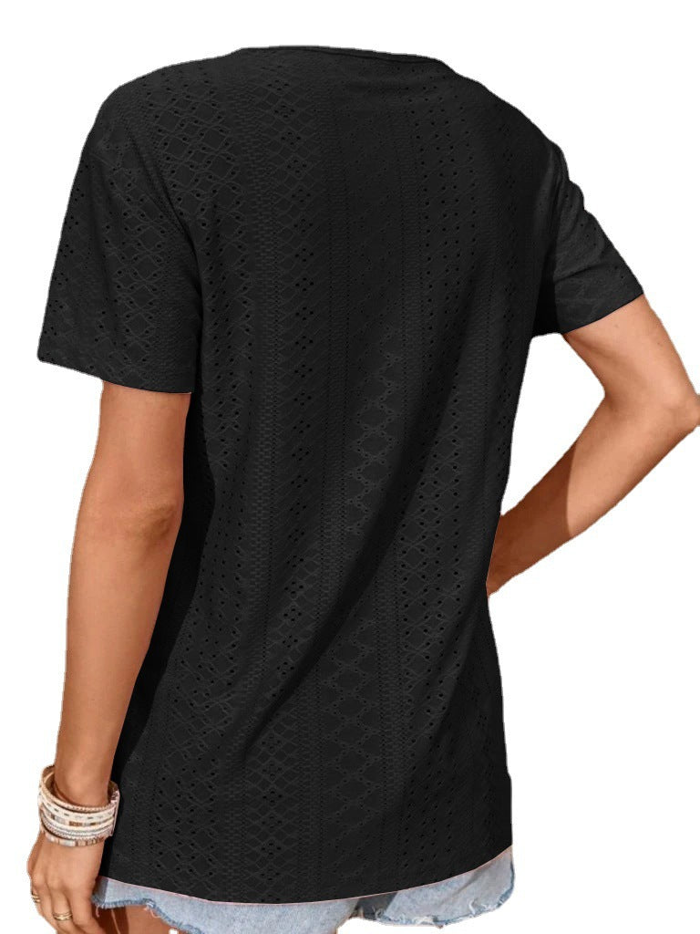 Top for women with decorative hole patterns and trendy V-neck Lune London