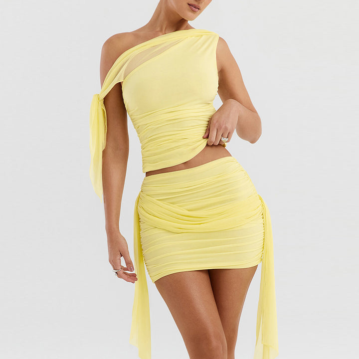 Women's set of off-the-shoulder blouse and mini skirt with gathering Lune London
