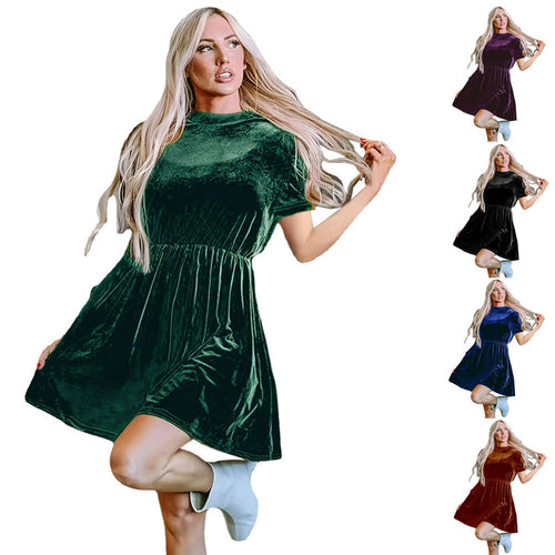 Short Sleeve Velvet Dress for Women with a Fitted Cut and A-Line Skirt Lune London