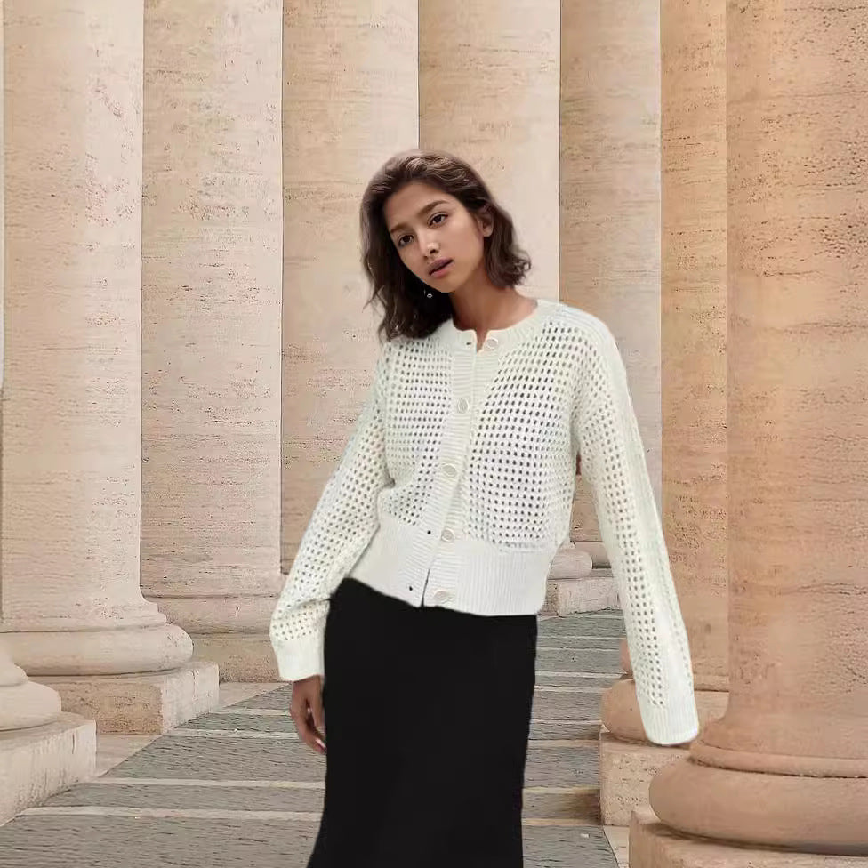 Knit jacket for women with an open weave design and large buttons Lune London