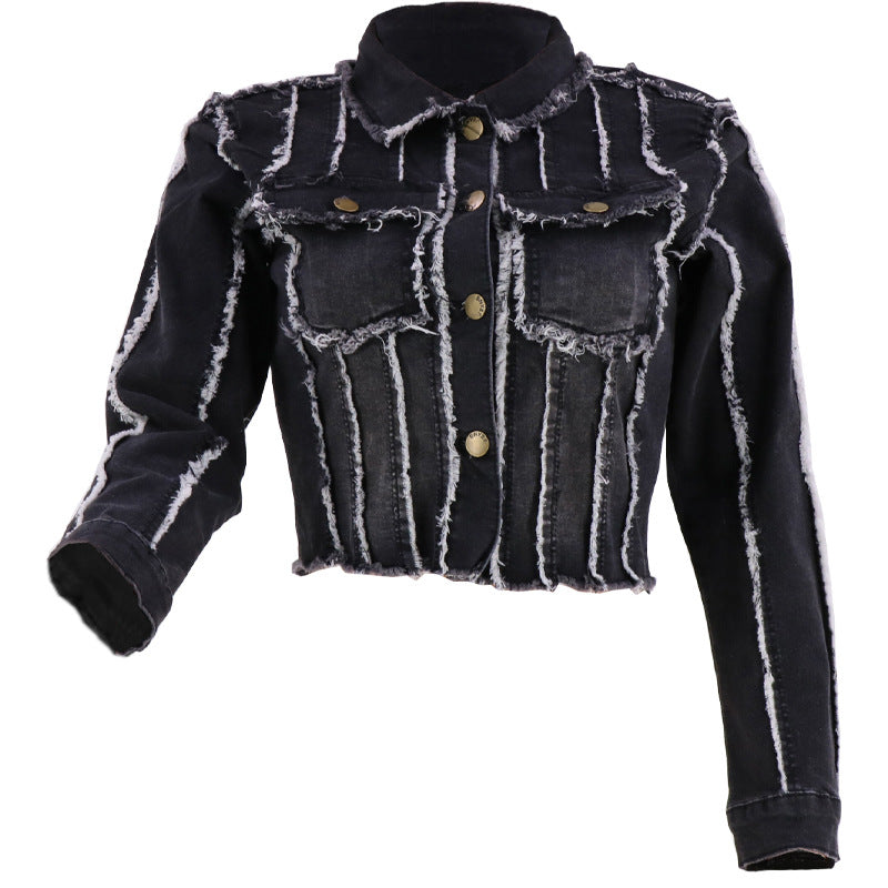 Cropped denim jacket for women with frayed details and trendy contrasting seams Lune London