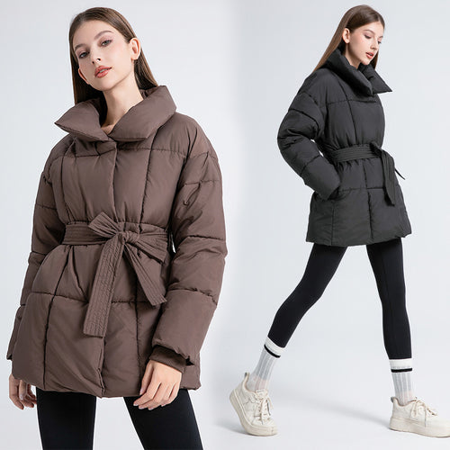 Ladies comfortable and elegant down jacket with belt and high collar Lune London