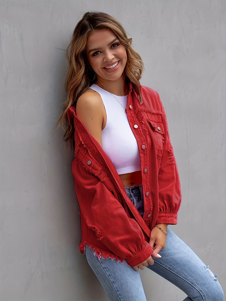 Oversized denim jacket for women with frayed edges and patch pockets Lune London