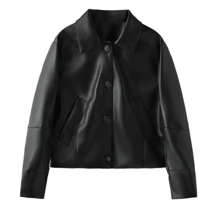 Elegant faux leather jacket for women with a modern silhouette and practical pockets Lune London