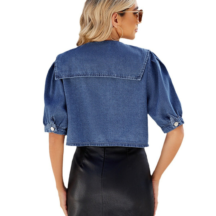 Denim jacket for women with puff sleeves and a modern collar. Lune London.