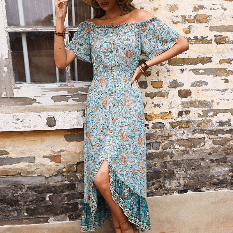 Off-shoulder floral maxi dress for women with ruffled hem Lune London
