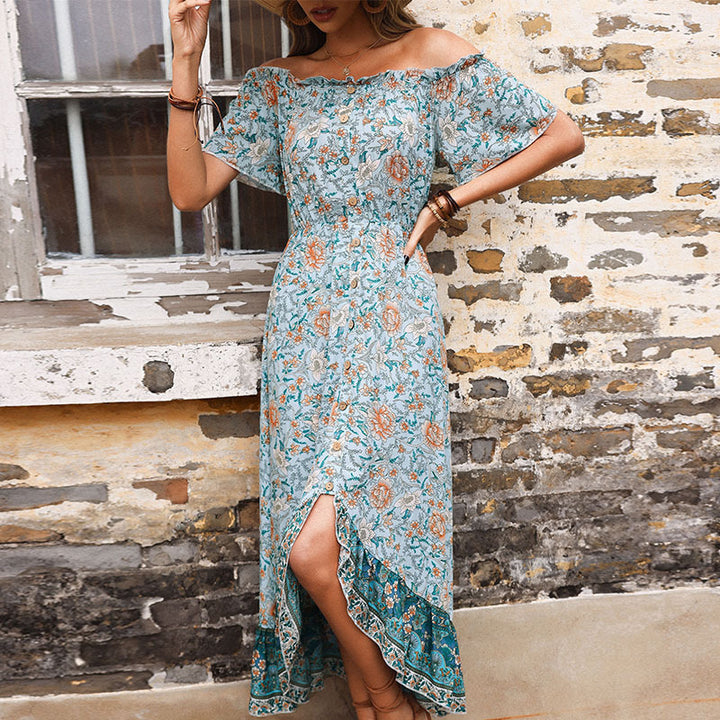 Off-shoulder floral maxi dress for women with ruffled hem Lune London