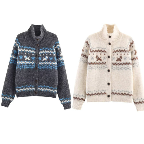 Knitted jacket for women with Norwegian pattern and high collar Lune London