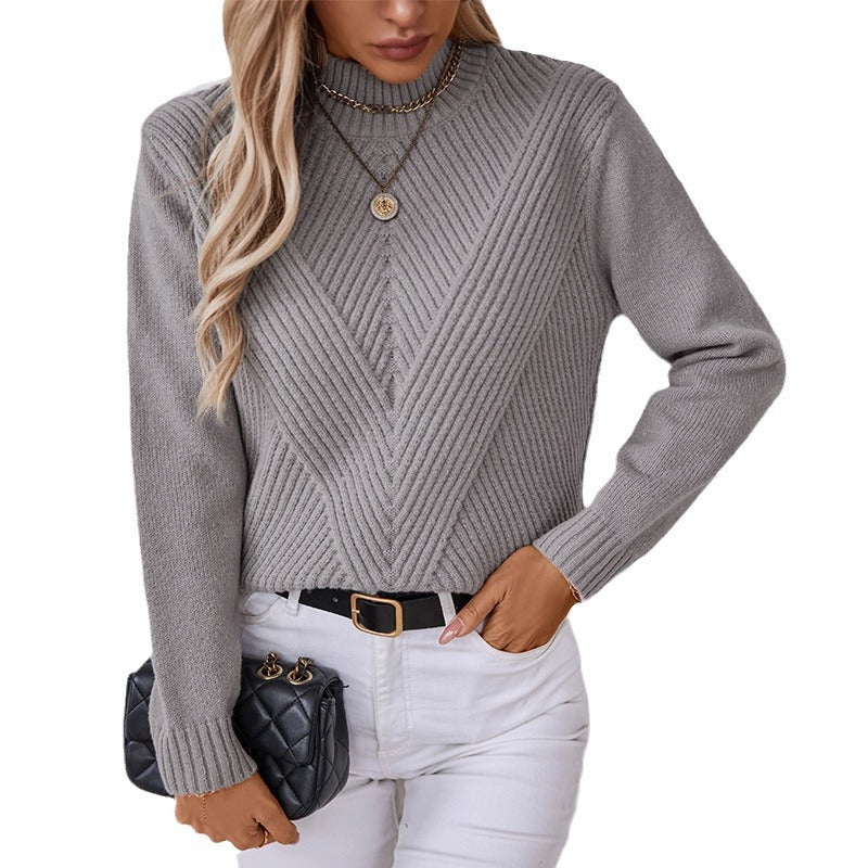 Fashionable knitted sweater for women with high collar and V design Lune London