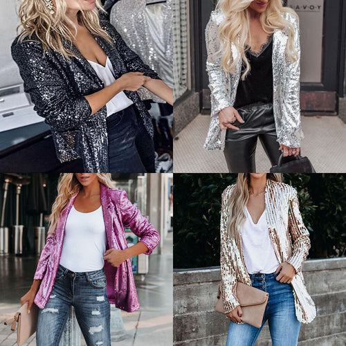 Ladies Glamorous Blazer Jacket with Sequin Trim and Long Sleeve Lune London
