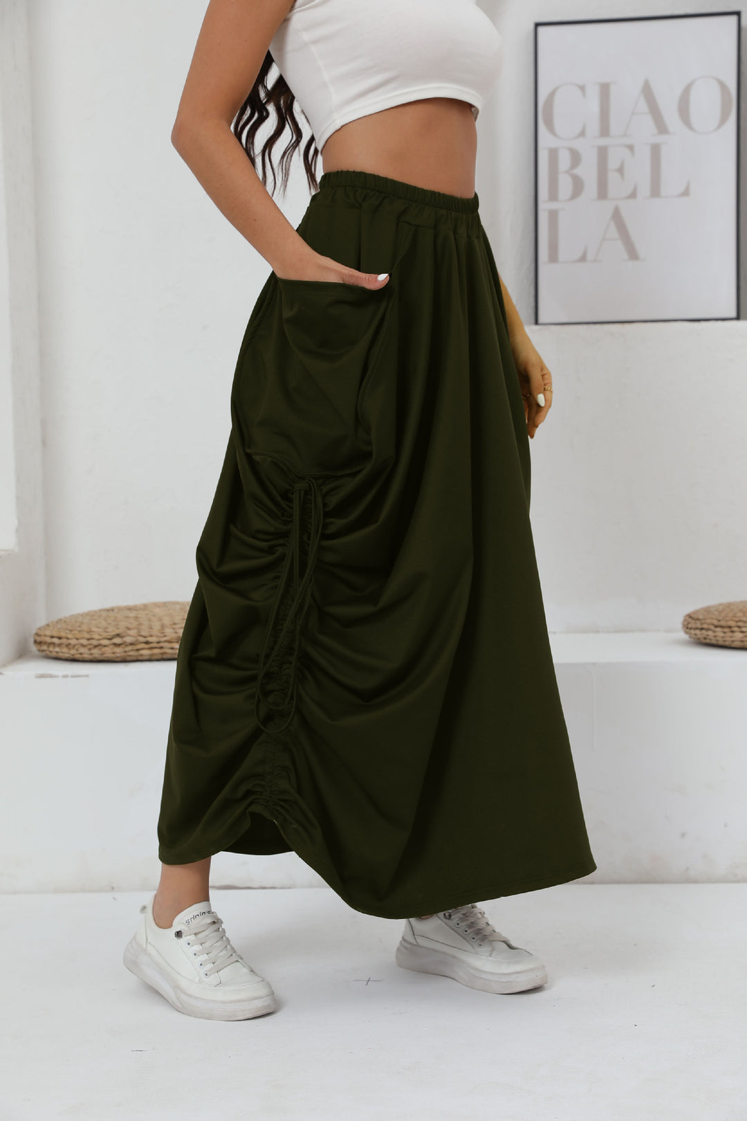 Maxi skirt for women with side gathers and practical pockets Lune London