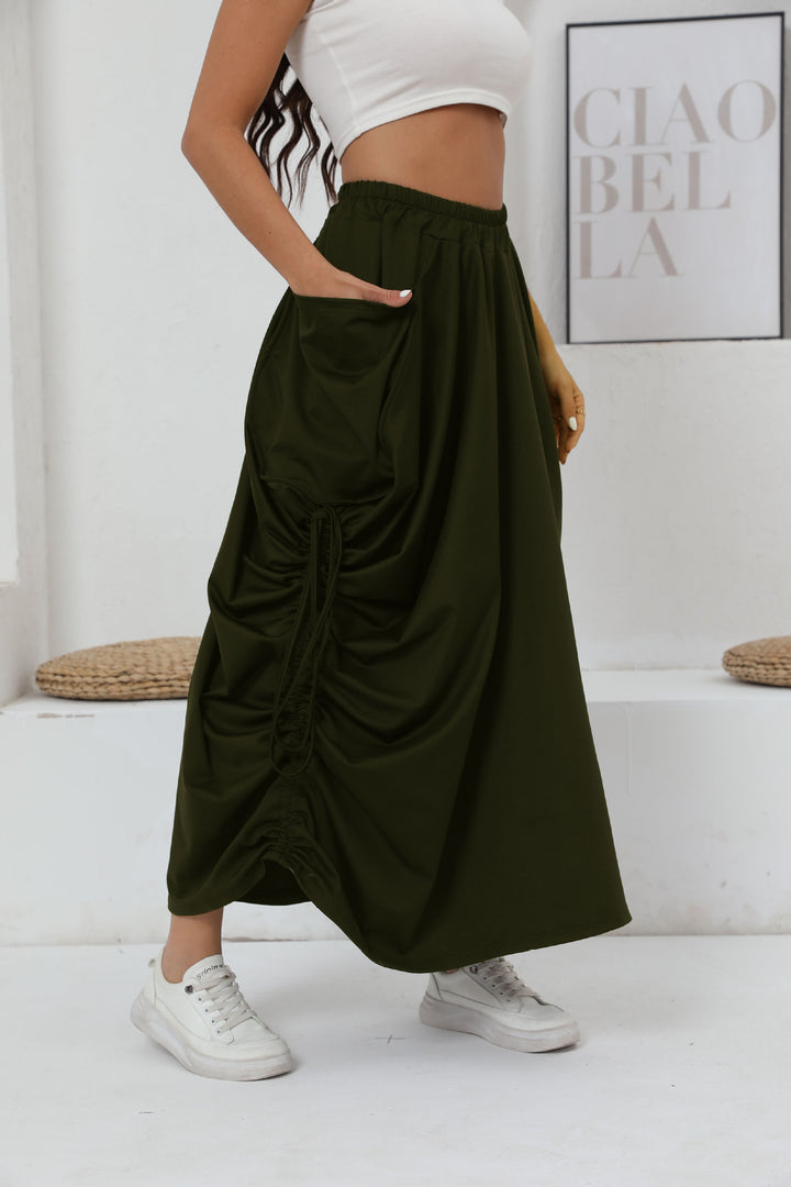 Maxi skirt for women with side gathers and practical pockets Lune London