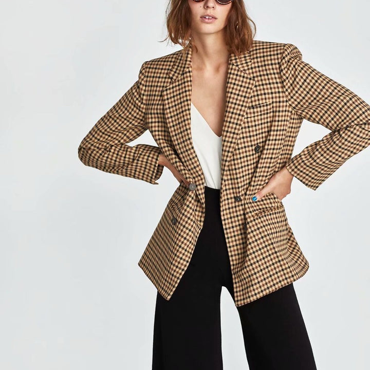 Lune London double-breasted blazer for women with plaid pattern