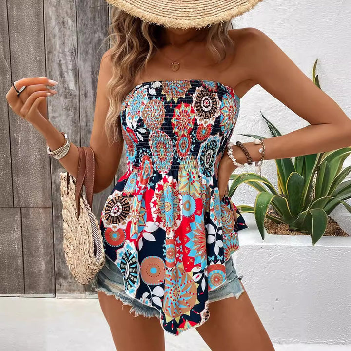Ladies printed bohemian smocked top without straps Lune London