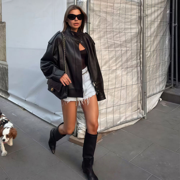 Ladies trendy oversized leather jacket Lune London