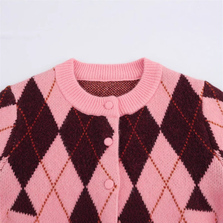 Women's patterned knit cardigan with buttons and intricate diamond design Lune London