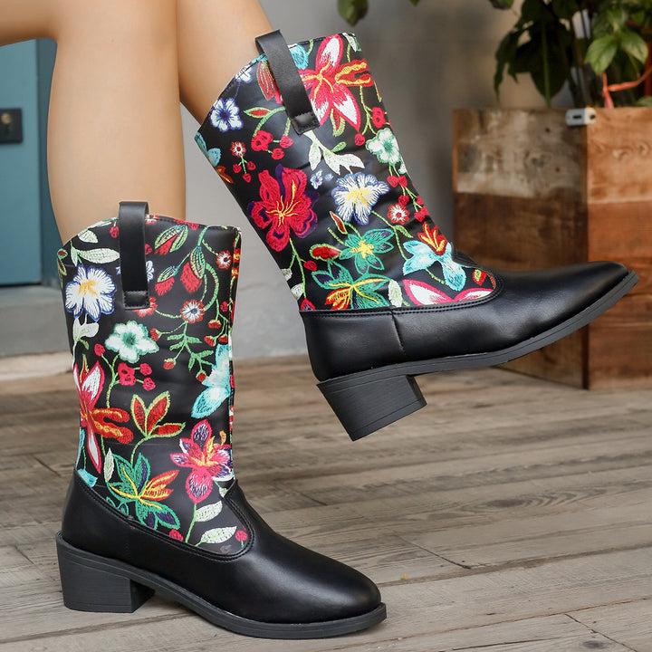 Women's cowboy boots with embroidered floral pattern and comfortable block heel Lune London