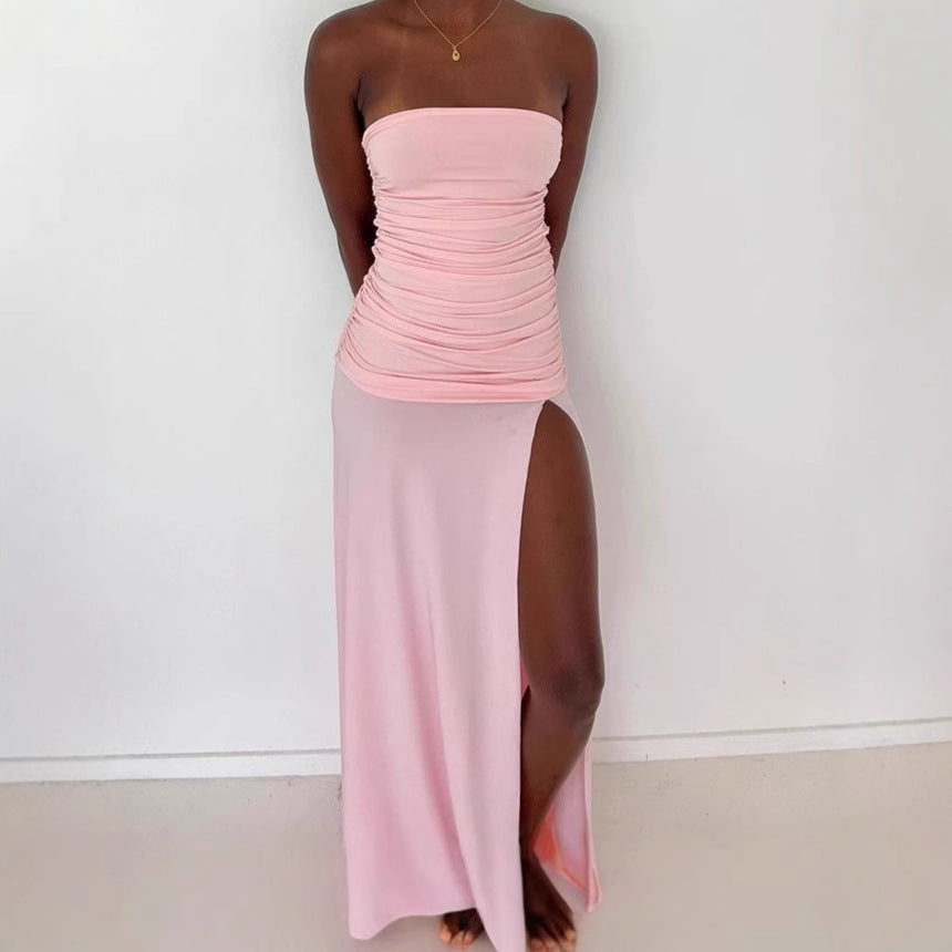 Elegant sleeveless maxi dress for women with high slit and ruffles Lune London