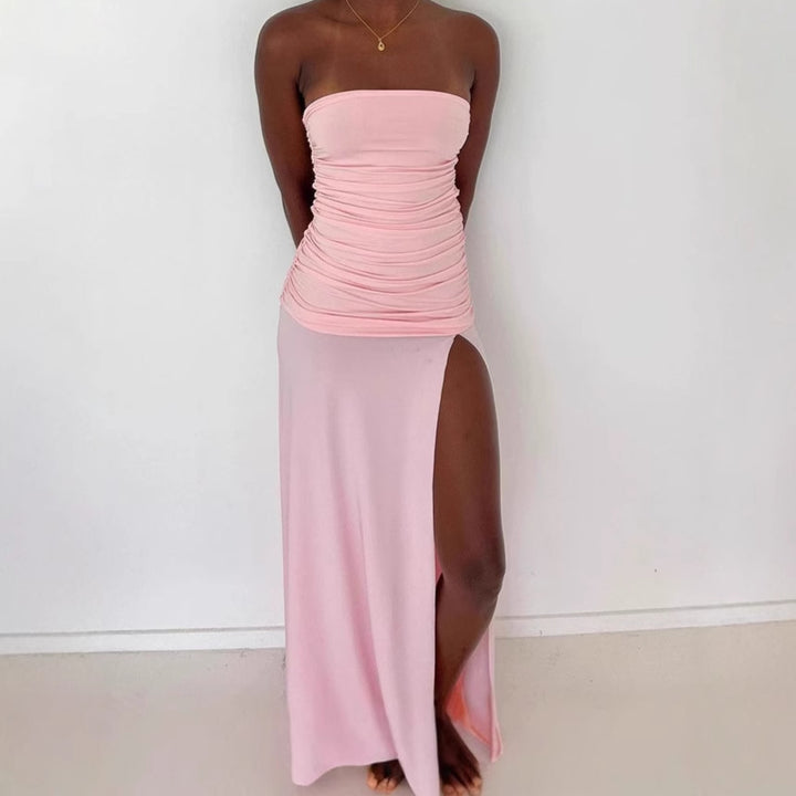 Elegant sleeveless maxi dress for women with high slit and ruffles Lune London