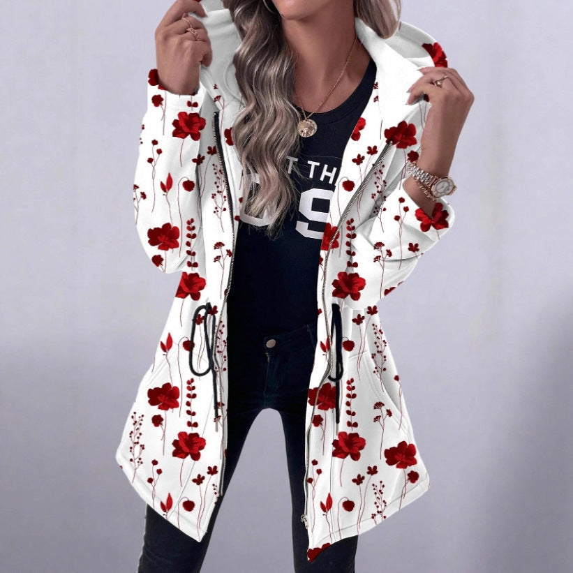 Hooded coat with full zip for women with floral print Lune London