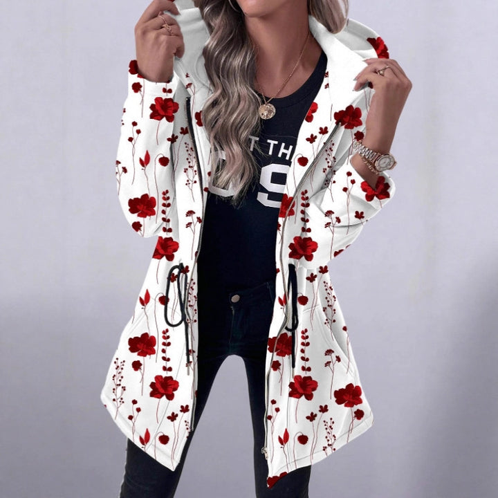Hooded coat with full zip for women with floral print Lune London