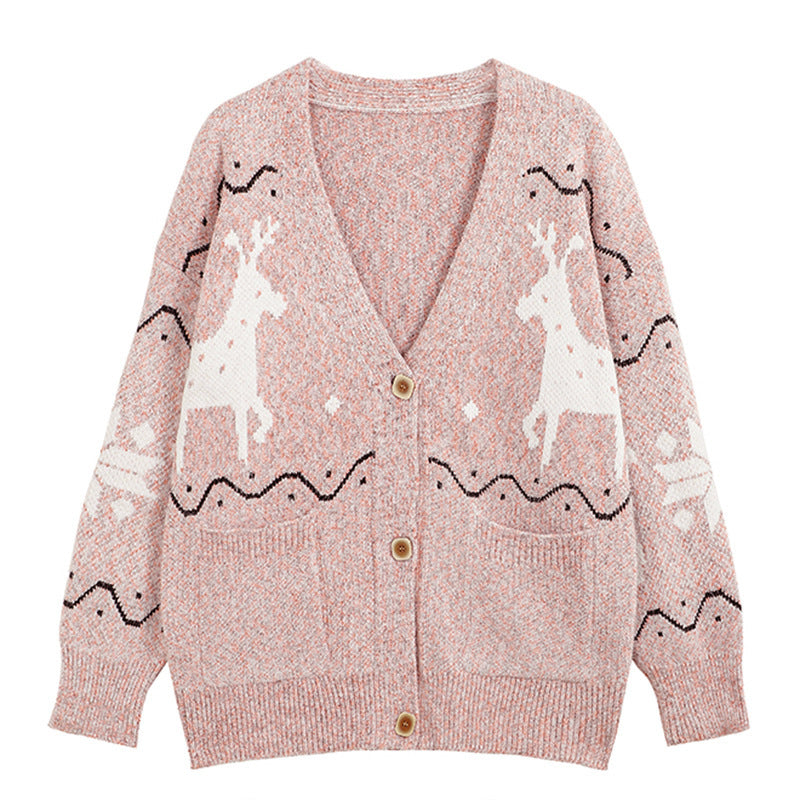 Ladies Comfortable Pullover with Reindeer Pattern and Pockets Lune London