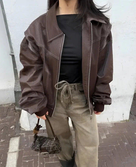 Ladies Trendy Faux Leather Jacket with Elastic Cuffs and Practical Pockets Lune London