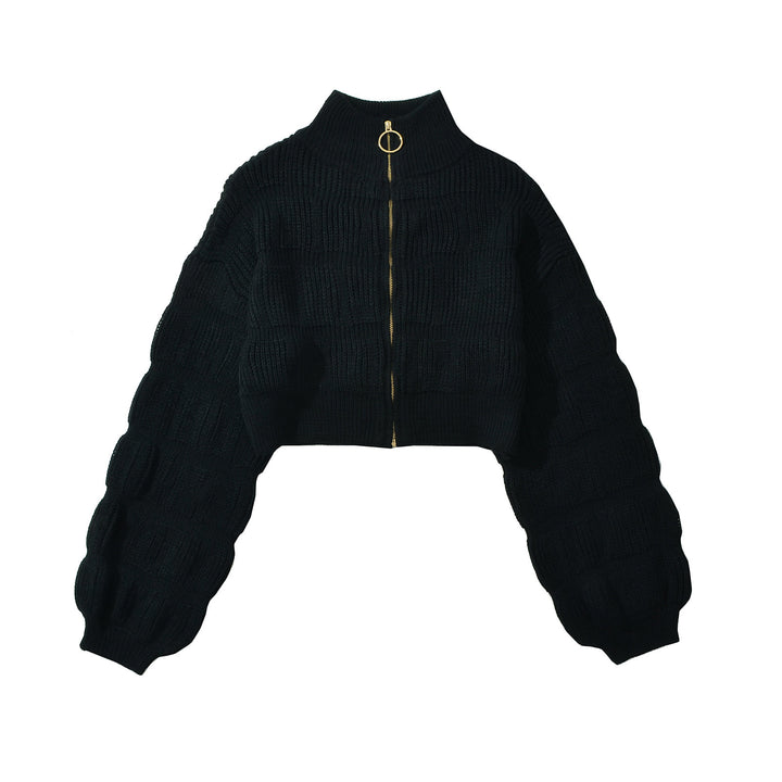 Cropped knitted jacket for ladies with decorative zipper and voluminous sleeves Lune London