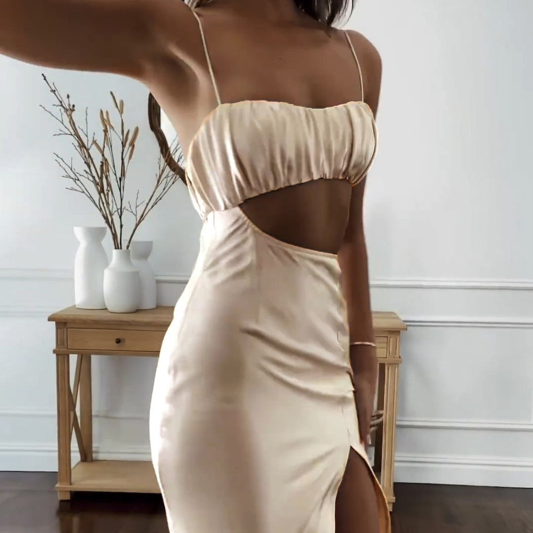 Women Elegant Cut-Out Dress with Thin Spaghetti Straps and Draped Top Lune London