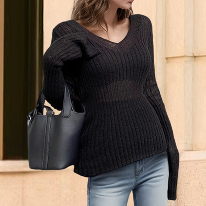Knit sweater for women with plunging V-neck and long sleeves Lune London