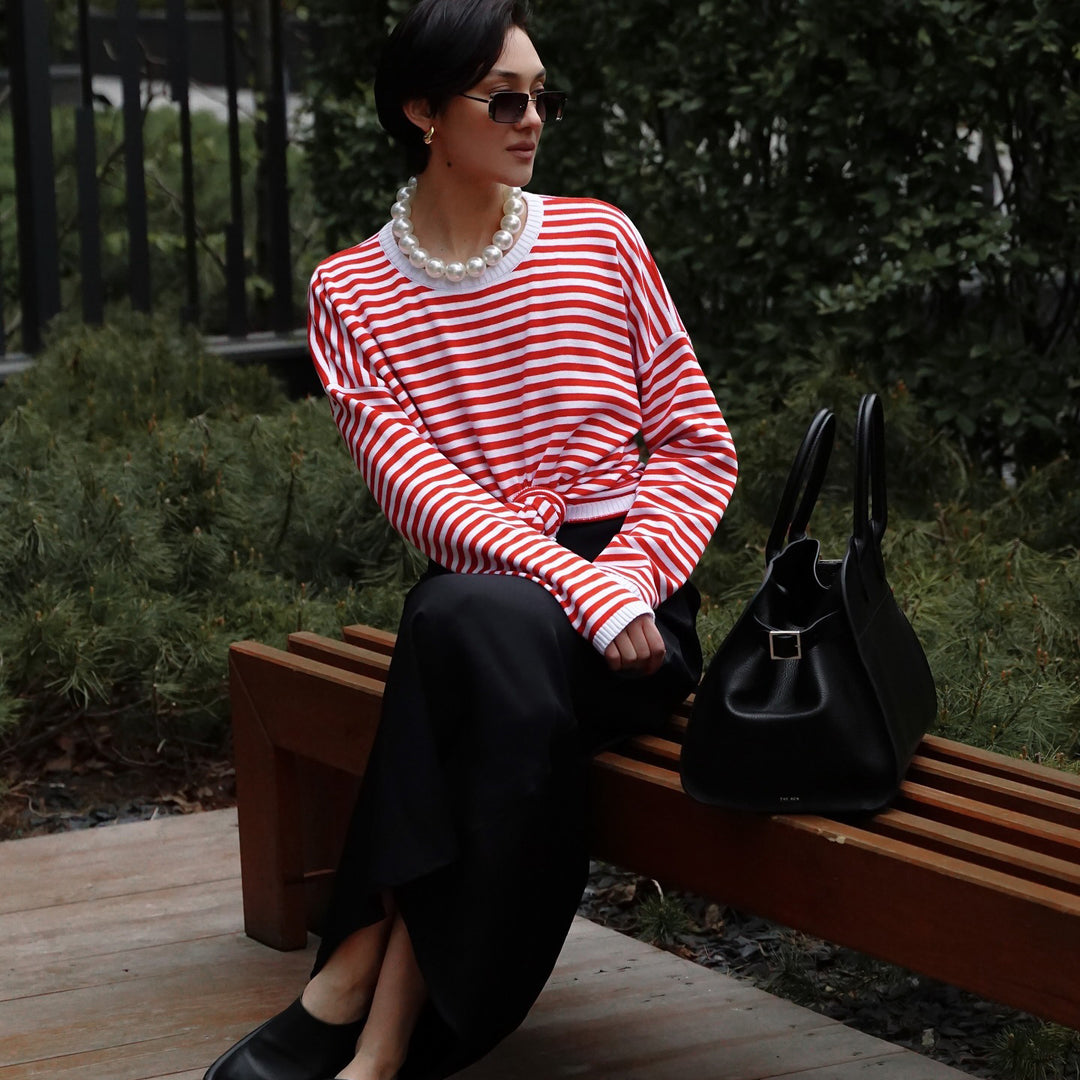 Women striped long casual t-shirt with bow detail Lune London