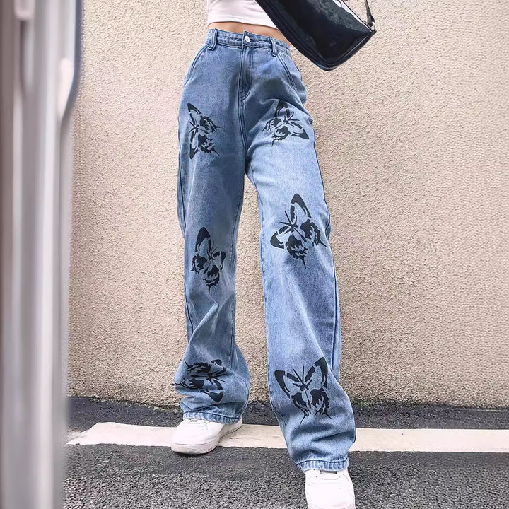 Ladies wide jeans with eye-catching butterfly print Lune London