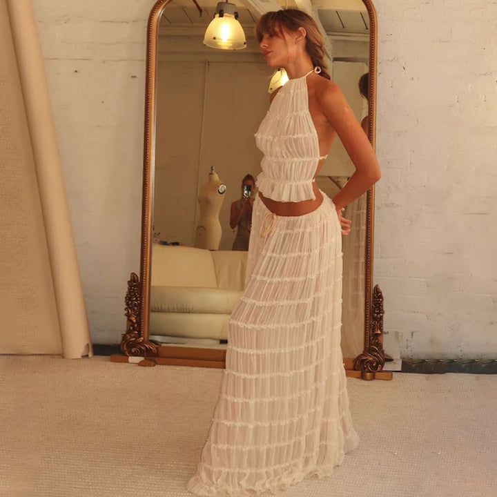 Maxi skirt and crop-top set for women with a playful ruffled design Lune London