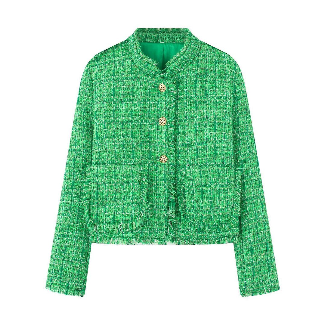 Ladies elegant short jacket in textured fabric with golden buttons Lune London
