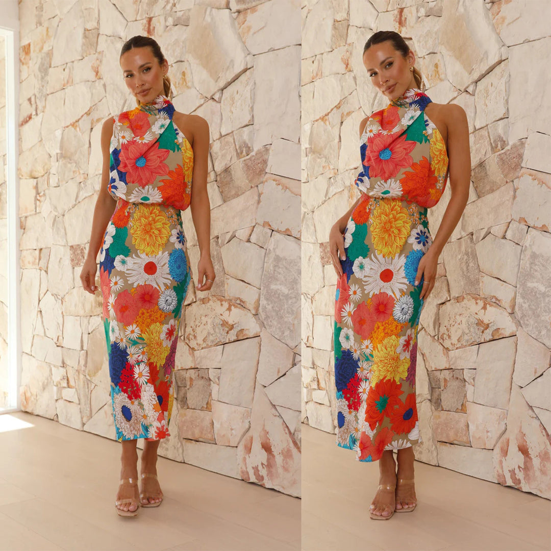 Ladies max dress with creative floral design and playful neckholder