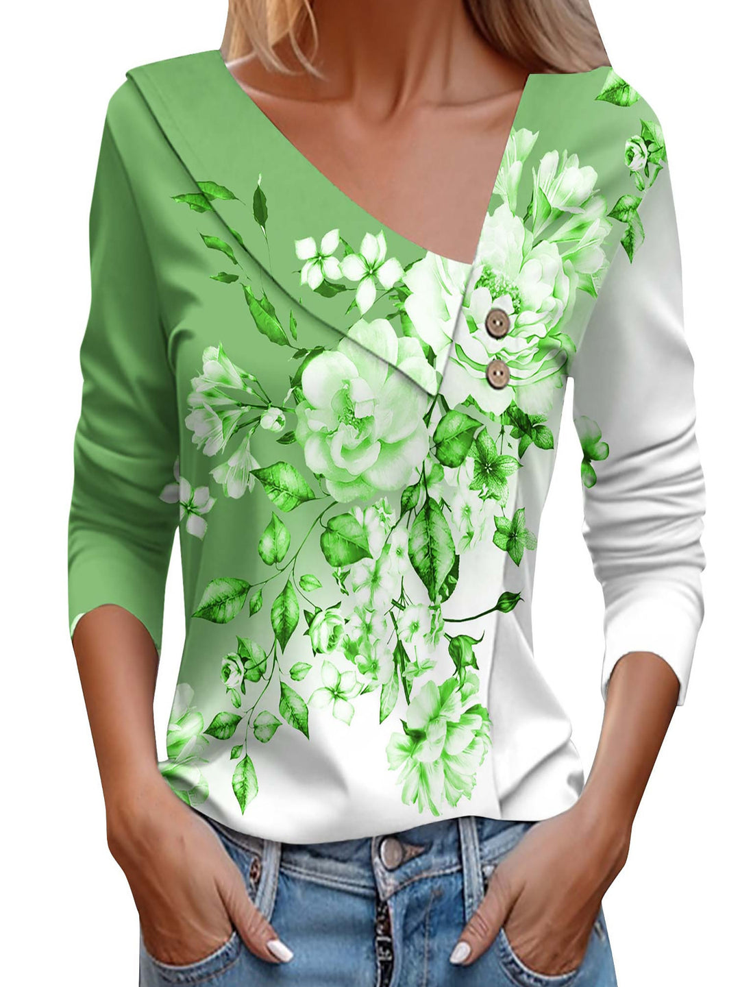 Ladies' blouse with floral appliqué and modern button details Lune London