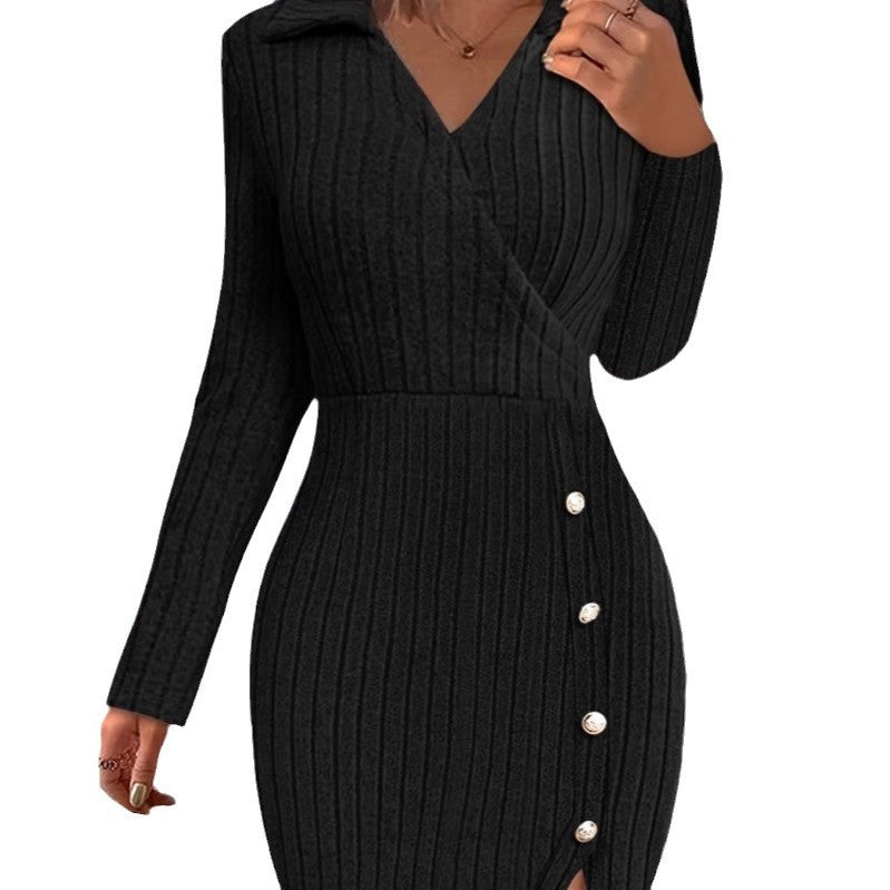Wrap neckline knitted dress for women with elegant buttons Lune London