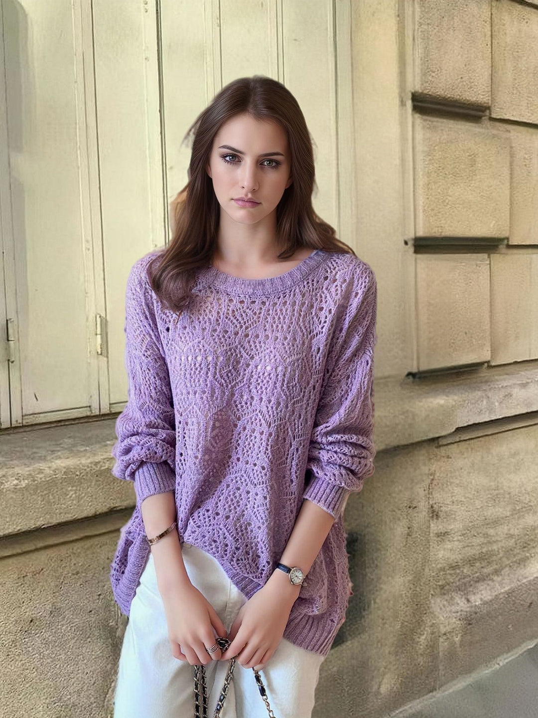 Ladies Chunky Knit Sweater with Modern Lace Pattern Lune London