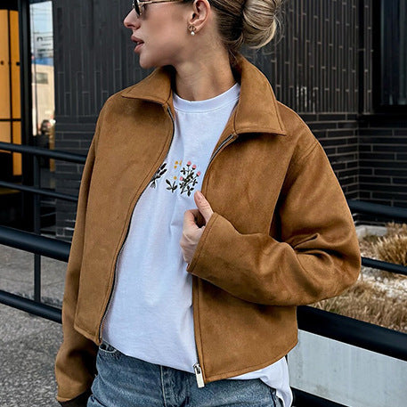 Suede fashion jacket for women with sporty cut and stylish zipper Lune London